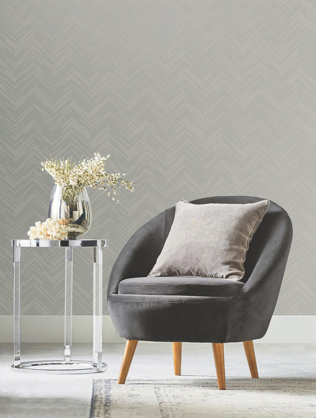 Polished Chevron Taupe & Silver Wallpaper with Metallic Chevron Pattern - York MD7227