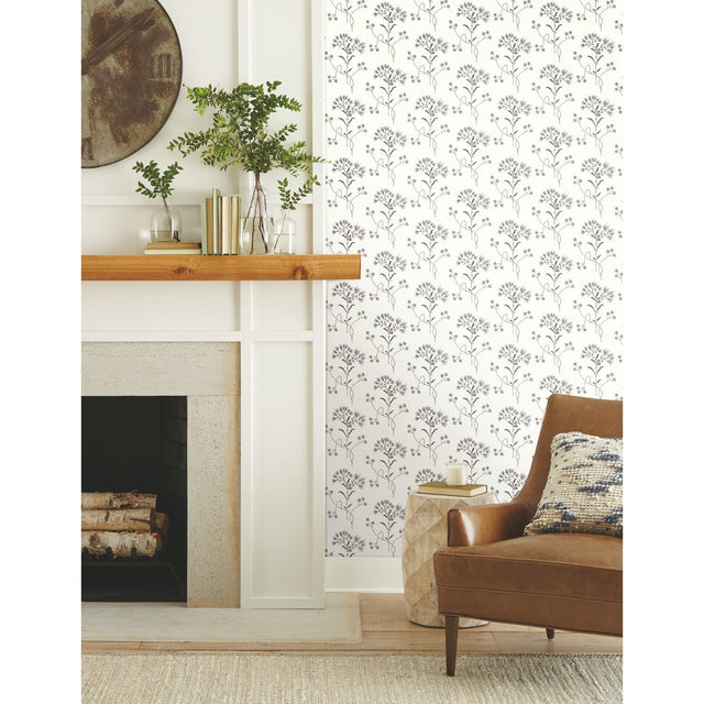 Wildflower Black & White Wallpaper with Delicate Floral Motif - York ME1515