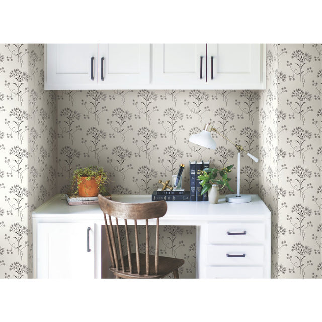 Wildflower Black & White Wallpaper with Delicate Floral Motif - York ME1515