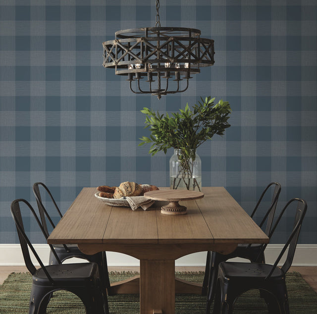 Common Thread Navy & White Plaid Prepasted Wallpaper with Buffalo Check Motif - York ME1522