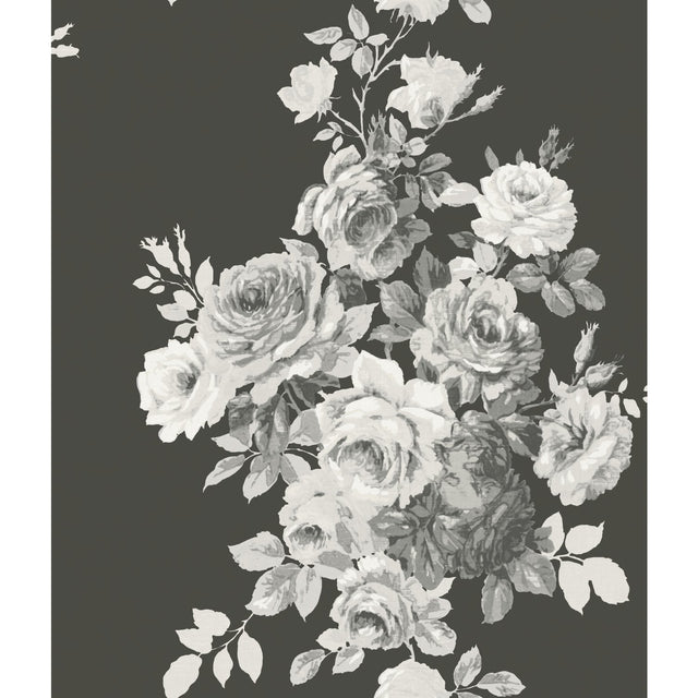 Tea Rose Black & White Wallpaper with Vintage Cabbage Rose Motif - York ME1533