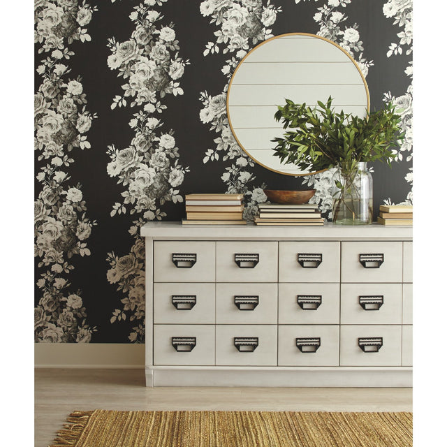 Tea Rose Black & White Wallpaper with Vintage Cabbage Rose Motif - York ME1533