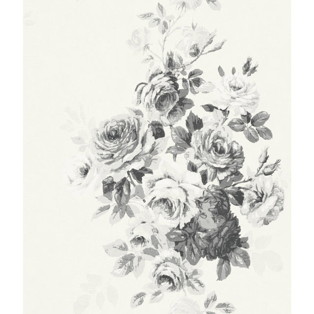 Tea Rose Black & White Wallpaper with Vintage Floral Motif - York ME1534