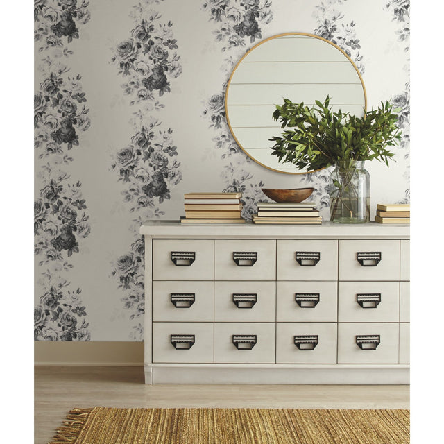 Tea Rose Black & White Wallpaper with Vintage Floral Motif - York ME1534