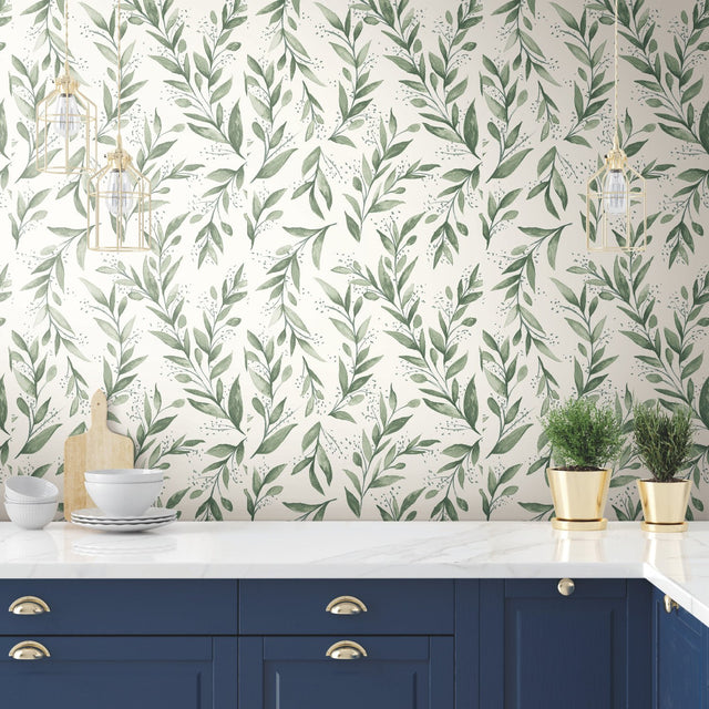 Olive Branch Olive Grove Wallpaper with Botanical Olive Leaf Pattern, Sure Strip Prepasted - York ME1535