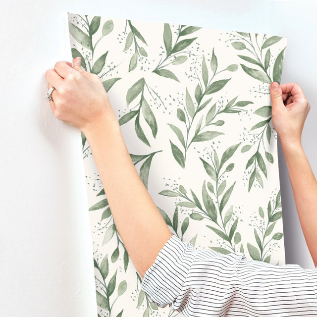 Olive Branch Olive Grove Wallpaper with Botanical Olive Leaf Pattern, Sure Strip Prepasted - York ME1535