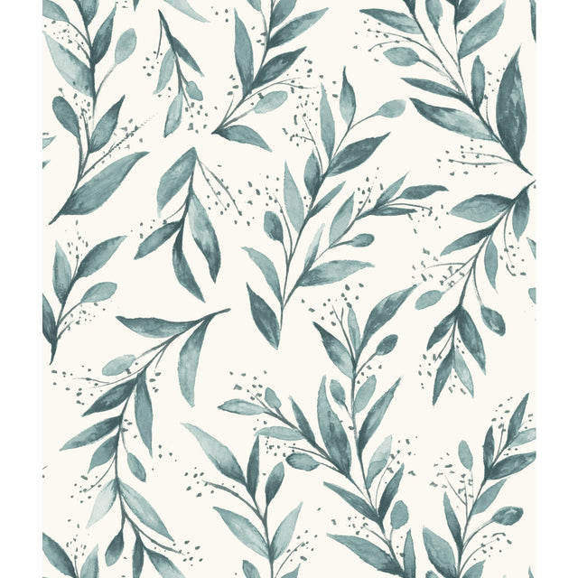 Weekends Olive Branch Teal Wallpaper with Botanical Olive Branch Motif - York ME1536