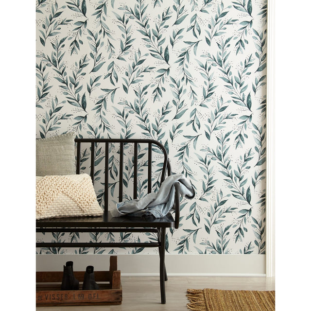 Weekends Olive Branch Teal Wallpaper with Botanical Olive Branch Motif - York ME1536
