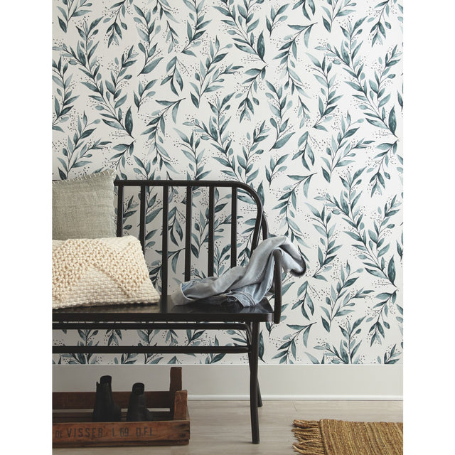 Weekends Olive Branch Teal Wallpaper with Botanical Olive Branch Motif - York ME1536
