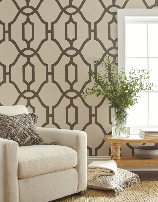 Woven Trellis Charcoal on Khaki Prepasted Wallpaper with Geometric Trellis Pattern - York ME1551