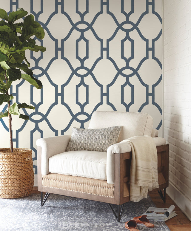 Woven Trellis Federal Blue Wallpaper with Geometric Trellis Pattern - York ME1552
