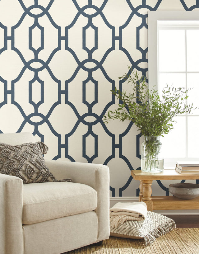 Woven Trellis Federal Blue Wallpaper with Geometric Trellis Pattern - York ME1552