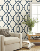 Woven Trellis Federal Blue Wallpaper with Geometric Trellis Pattern - York ME1552SAM