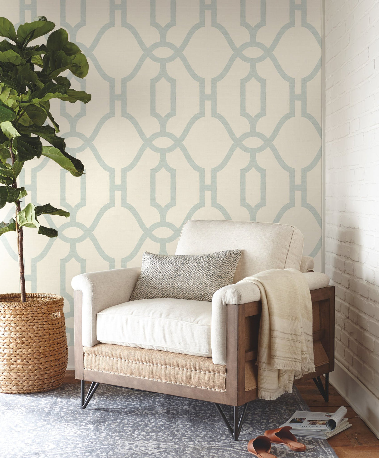Woven Trellis Eggshell Blue on Cream Wallpaper with Geometric Trellis Pattern  Magnolia Home Sure Strip - York ME1553