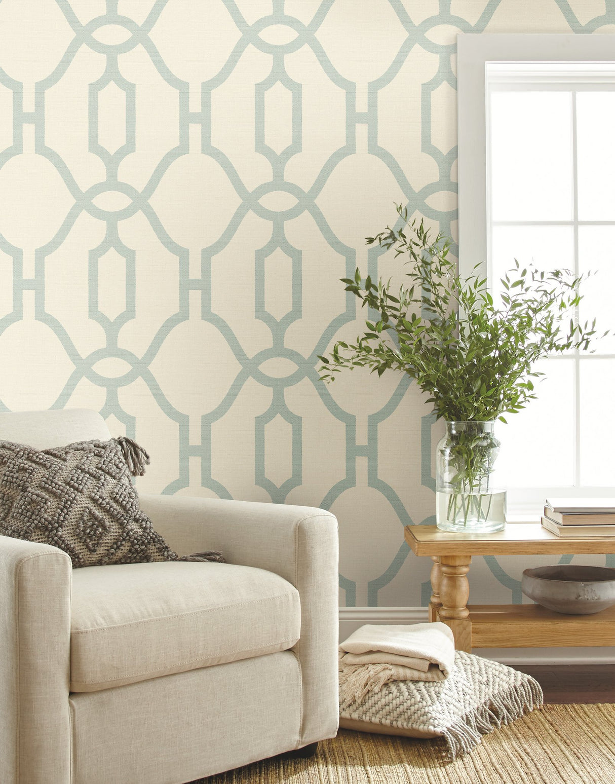Woven Trellis Eggshell Blue on Cream Wallpaper with Geometric Trellis Pattern  Magnolia Home Sure Strip - York ME1553