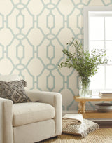 Woven Trellis Eggshell Blue on Cream Wallpaper with Geometric Trellis Pattern  Magnolia Home Sure Strip - York ME1553