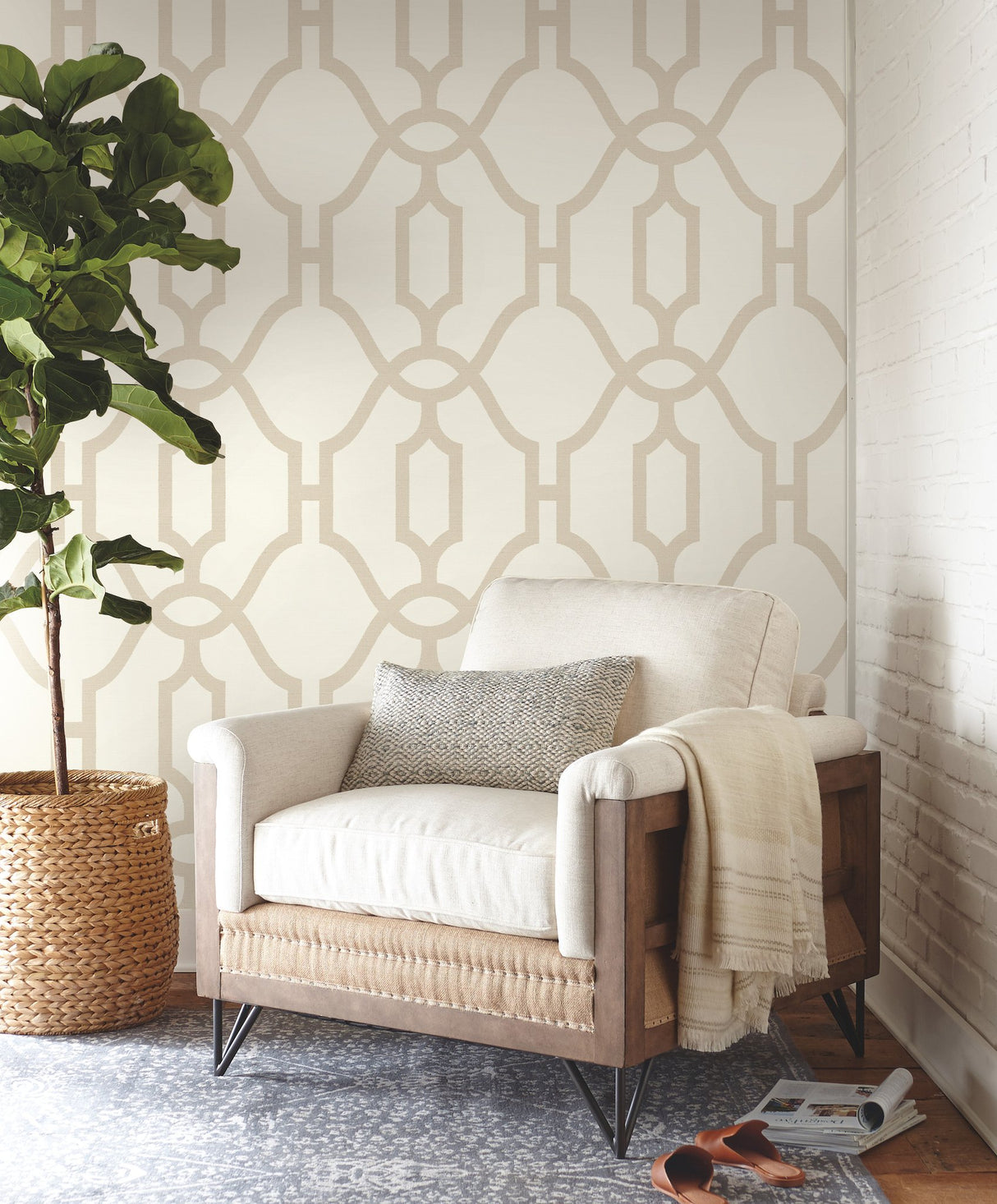 Woven Trellis Beige Wallpaper with Geometric Trellis Pattern, Sure Strip Prepasted - York ME1554