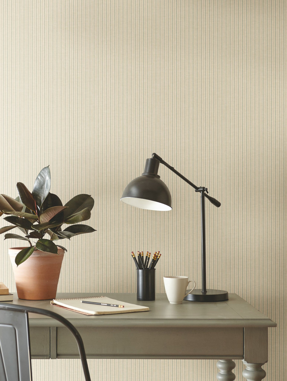 French Ticking Khaki & Light Blue Wallpaper with Striped Ticking Pattern - York ME1560