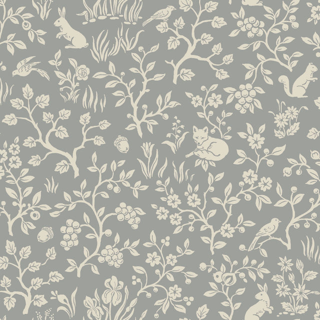 Fox & Hare Grey Wallpaper with Folklore Forest Animal Motif - York ME1571