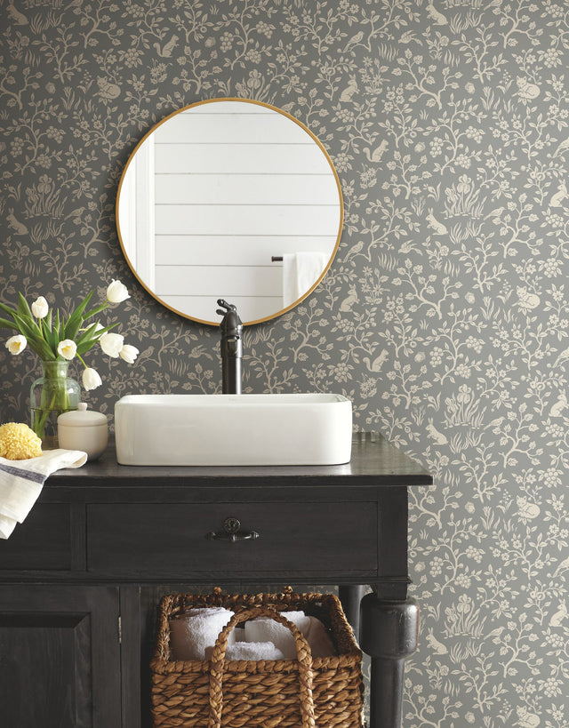 Fox & Hare Grey Wallpaper with Folklore Forest Animal Motif - York ME1571