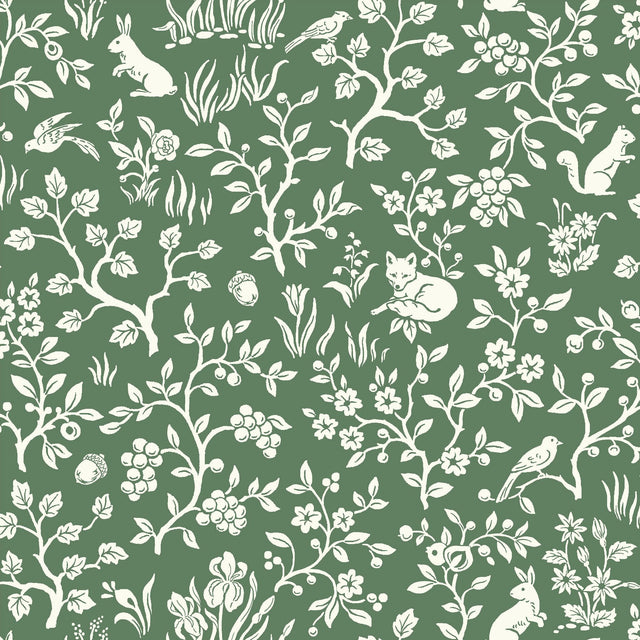 Fox & Hare Forest Green Wallpaper with Woodland Animal Motif - York ME1573