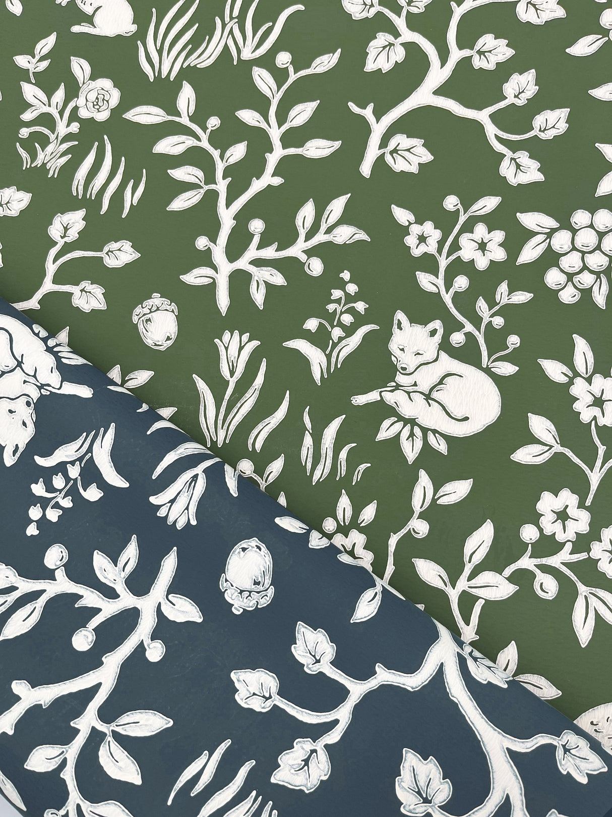 Fox & Hare Forest Green Wallpaper with Woodland Animal Motif - York ME1573
