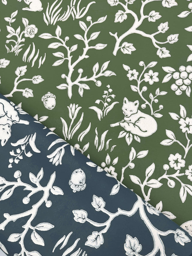 Fox & Hare Forest Green Wallpaper with Woodland Animal Motif - York ME1573