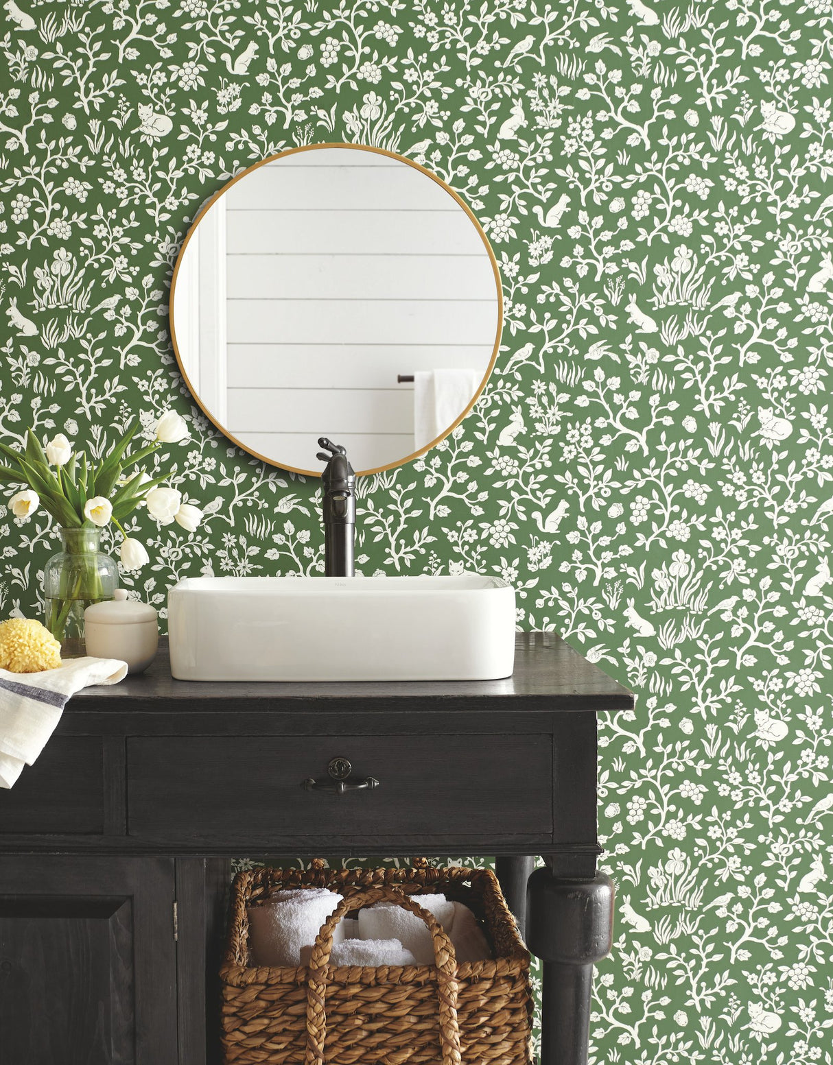 Fox & Hare Forest Green Wallpaper with Woodland Animal Motif - York ME1573