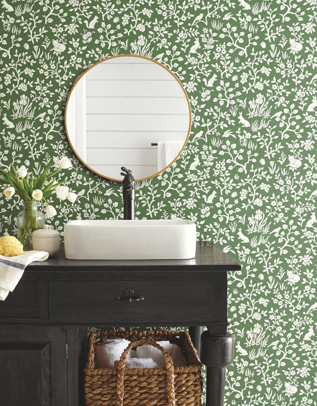 Fox & Hare Forest Green Wallpaper with Woodland Animal Motif - York ME1573