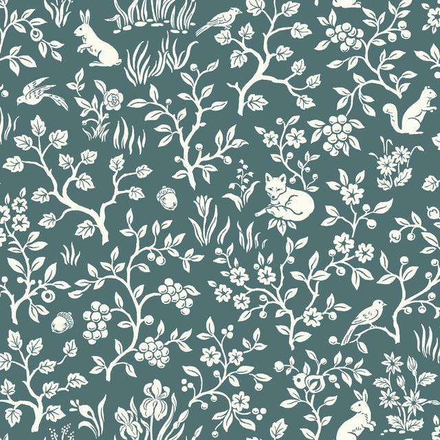 Weekends Fox & Hare Teal Wallpaper with Folklore Woodland Motif - York ME1574