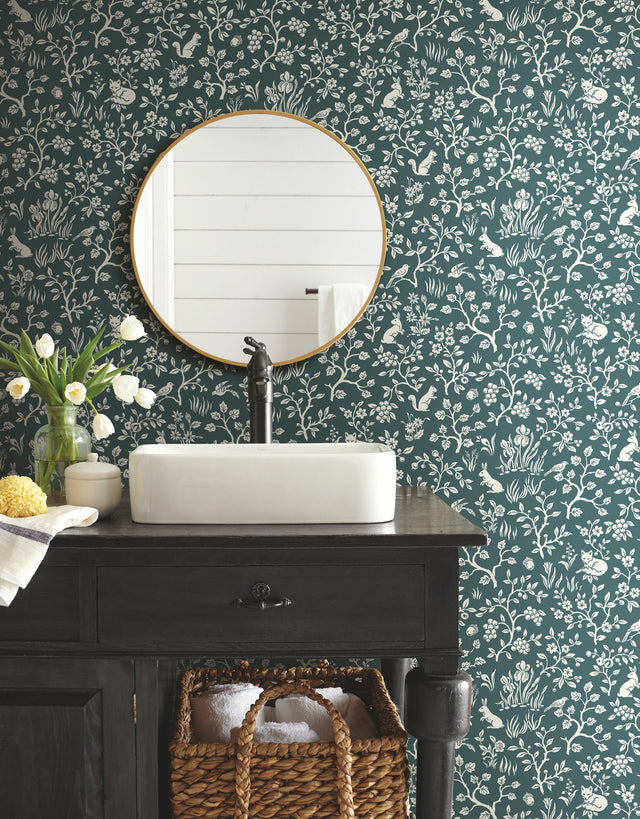 Weekends Fox & Hare Teal Wallpaper with Folklore Woodland Motif - York ME1574