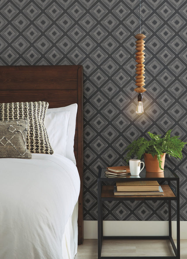 Diamond Sketch White & Black Geometric Prepasted Wallpaper - York ME1576