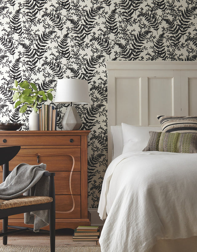 Forest Fern Flock Black Wallpaper with Velvet Flocked Botanical Pattern - York ME1583