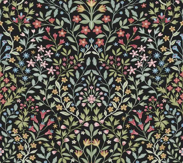 Garden Terrace Black & Multicolor Wallpaper with Botanical Modern Motif - York MF4721