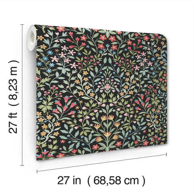 Garden Terrace Black & Multicolor Wallpaper with Botanical Modern Motif - York MF4721