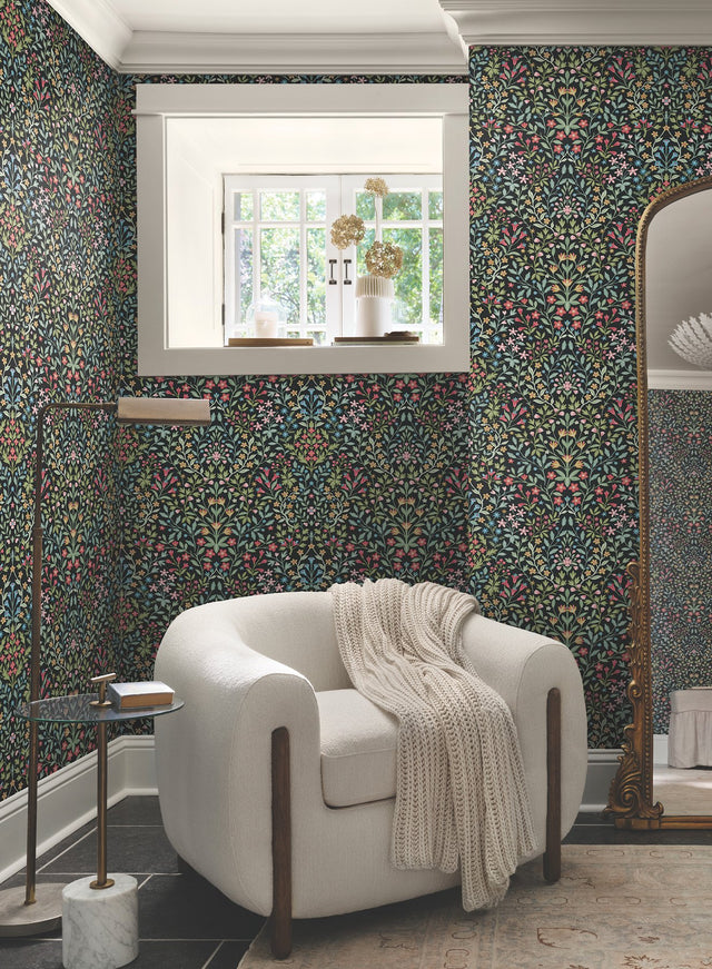 Garden Terrace Black & Multicolor Wallpaper with Botanical Modern Motif - York MF4721
