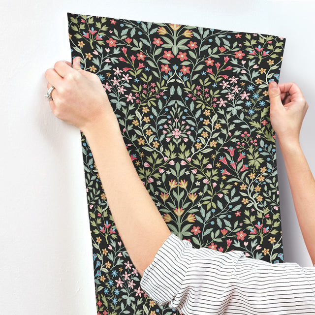 Garden Terrace Black & Multicolor Wallpaper with Botanical Modern Motif - York MF4721