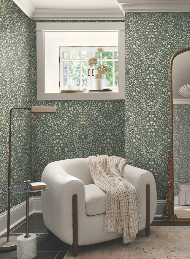 Garden Terrace Olive Wallpaper with Botanical Modern Motif - York MF4722