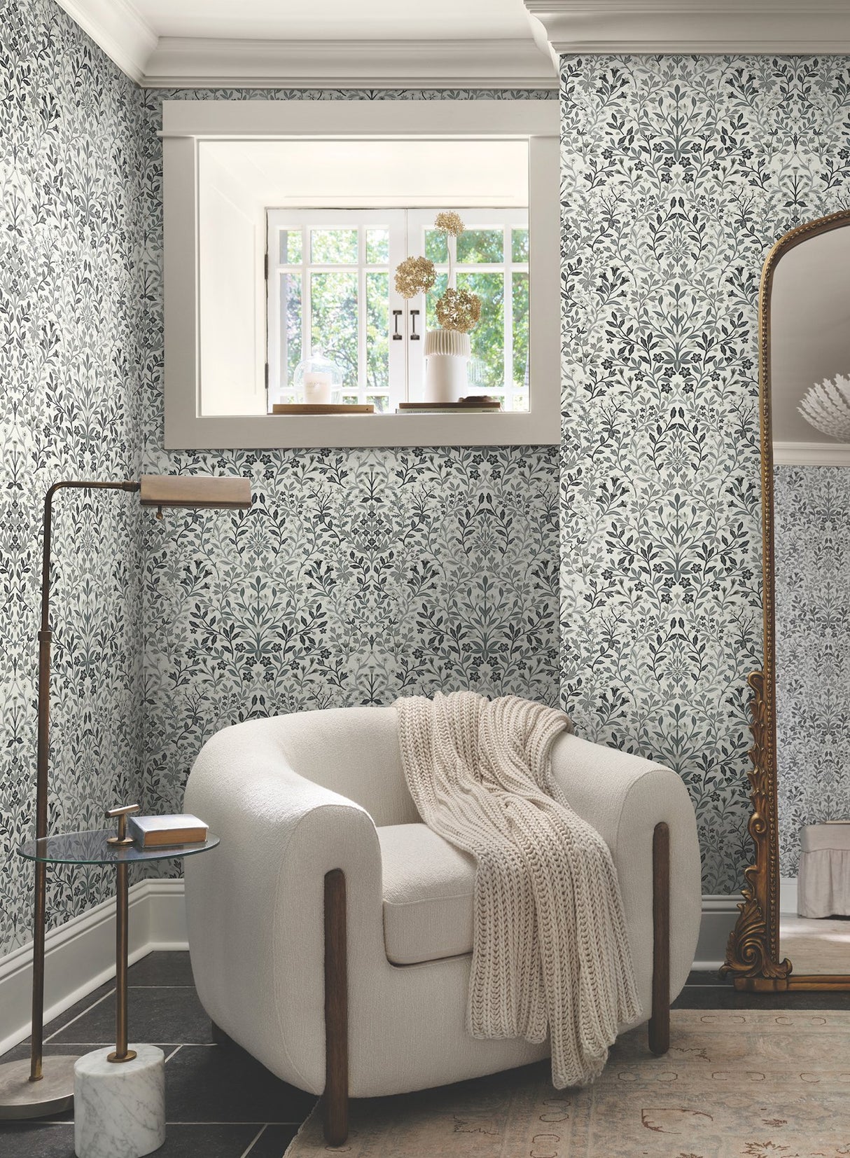 Garden Terrace White & Black Botanical Modern Prepasted Wallpaper - York MF4724