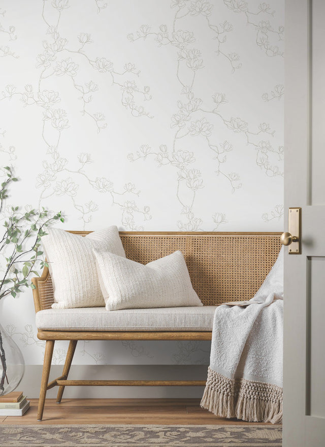 Magnolia Branches Beige Prepasted Wallpaper with Botanical Farmhouse Style - York MF4732