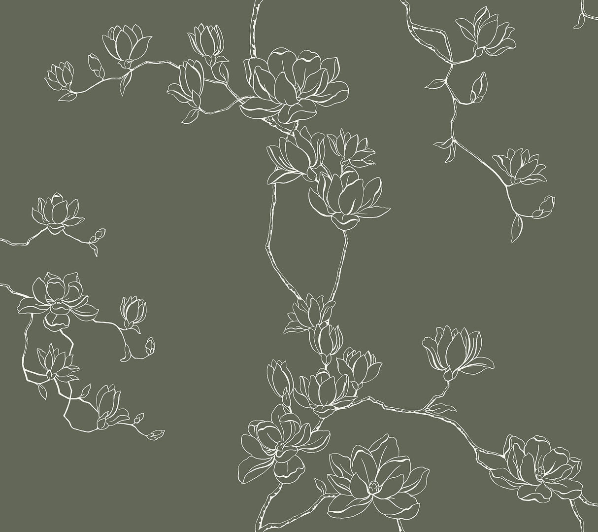 Magnolia Pine Branches Green Wallpaper with Botanical Magnolia Branch Pattern, Farmhouse Style - York MF4735