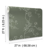 Magnolia Pine Branches Green Wallpaper with Botanical Magnolia Branch Pattern, Farmhouse Style - York MF4735