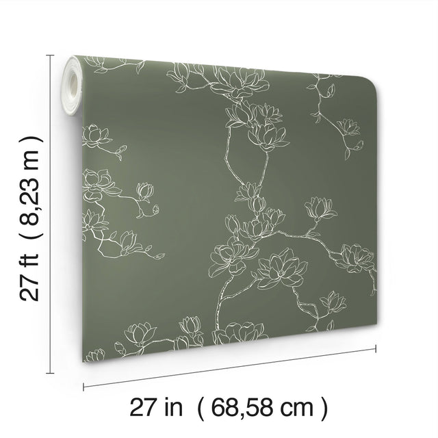 Magnolia Pine Branches Green Wallpaper with Botanical Magnolia Branch Pattern, Farmhouse Style - York MF4735