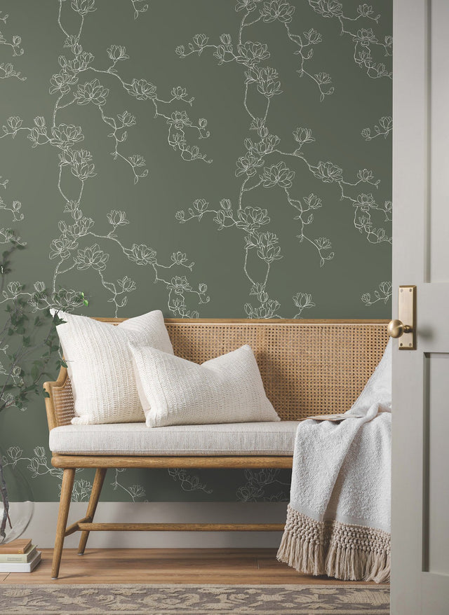 Magnolia Pine Branches Green Wallpaper with Botanical Magnolia Branch Pattern, Farmhouse Style - York MF4735