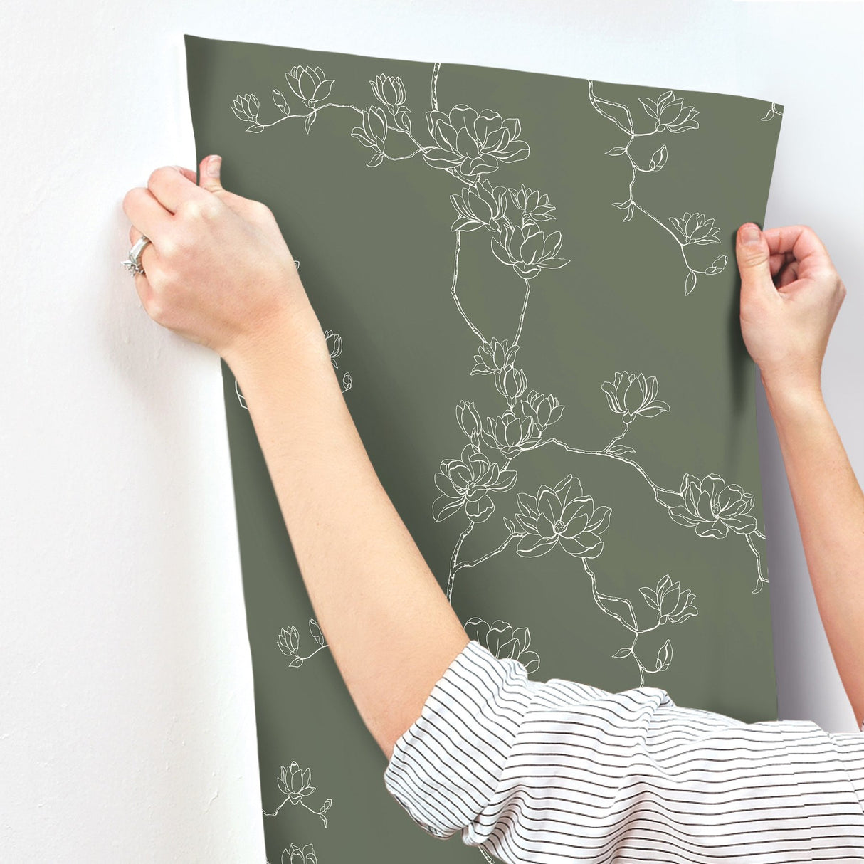 Magnolia Pine Branches Green Wallpaper with Botanical Magnolia Branch Pattern, Farmhouse Style - York MF4735
