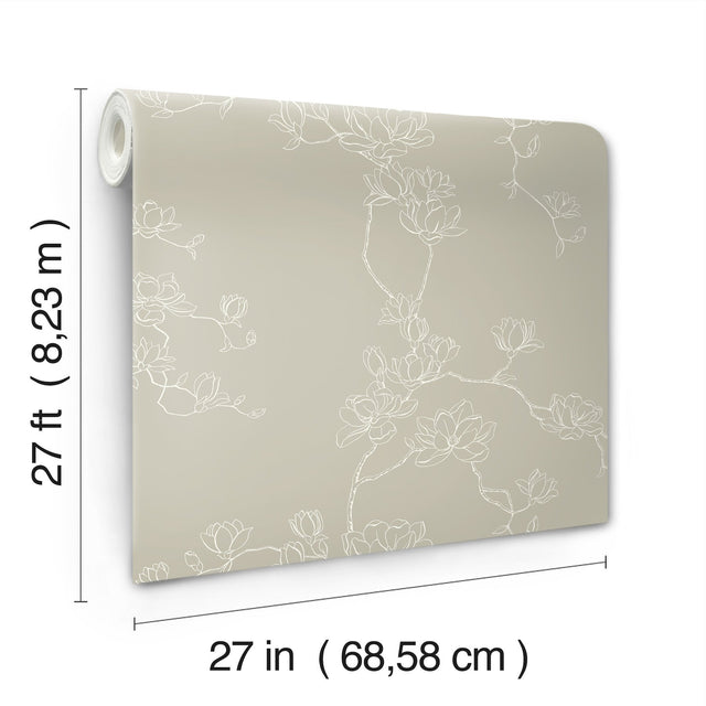 Magnolia Taupe Branches Wallpaper with Botanical Magnolia Branch Motif - York MF4736