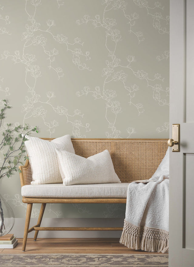 Magnolia Taupe Branches Wallpaper with Botanical Magnolia Branch Motif - York MF4736