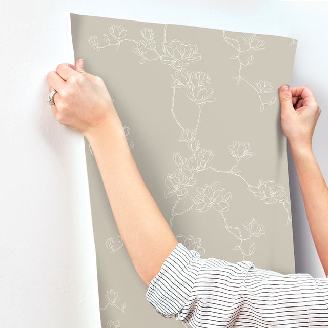 Magnolia Taupe Branches Wallpaper with Botanical Magnolia Branch Motif - York MF4736