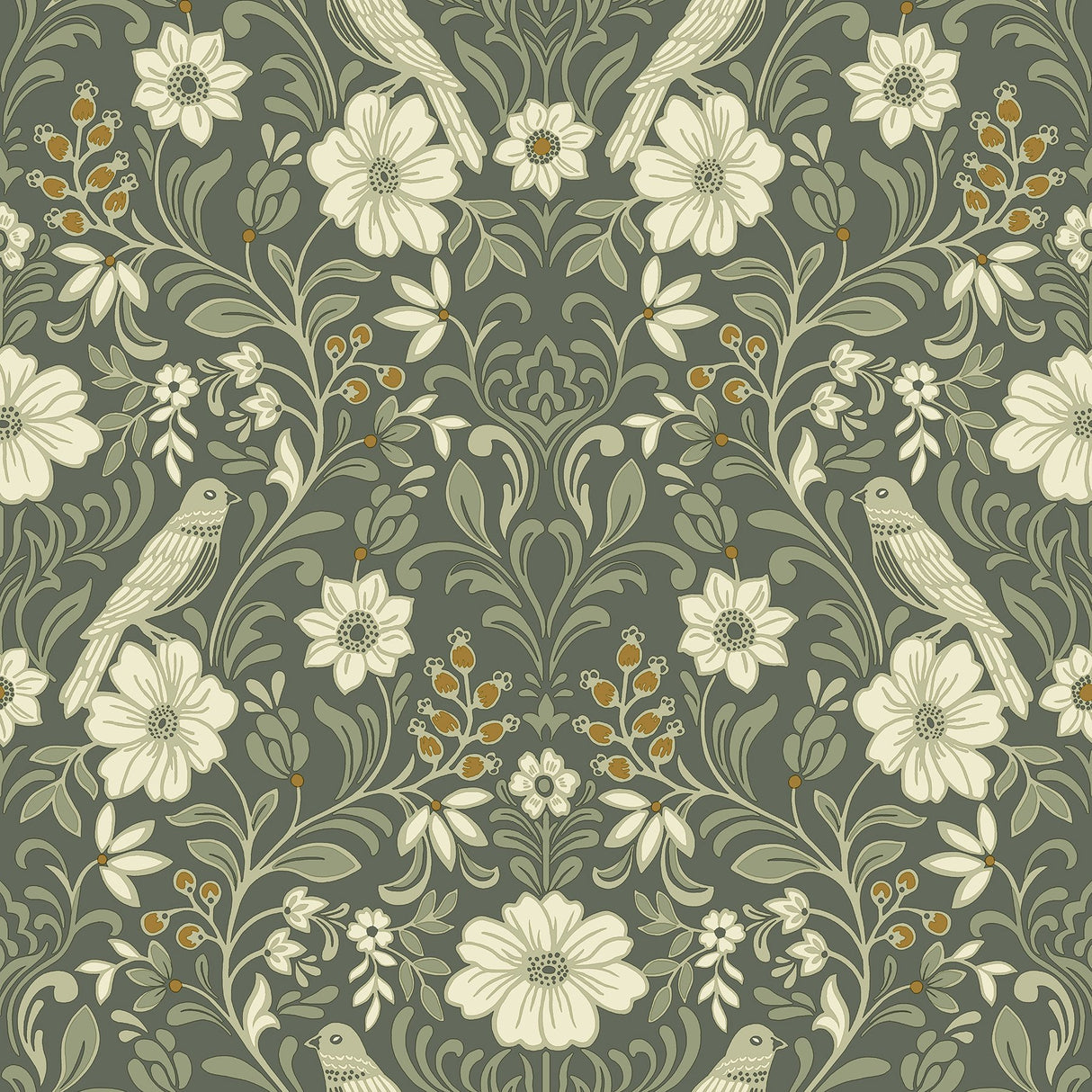 Colette Olive Wallpaper with Botanical Bird and Floral Motif - York MF4741