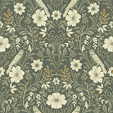 Colette Olive Wallpaper with Botanical Bird and Floral Motif - York MF4741